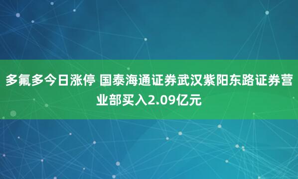 多氟多今日涨停 国泰海通证券武汉紫阳东路证券营业部买入2.09亿元