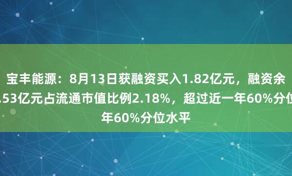 宝丰能源：8月13日获融资买入1.82亿元，融资余额36.53亿元占流通市值比例2.18%，超过近一年60%分位水平